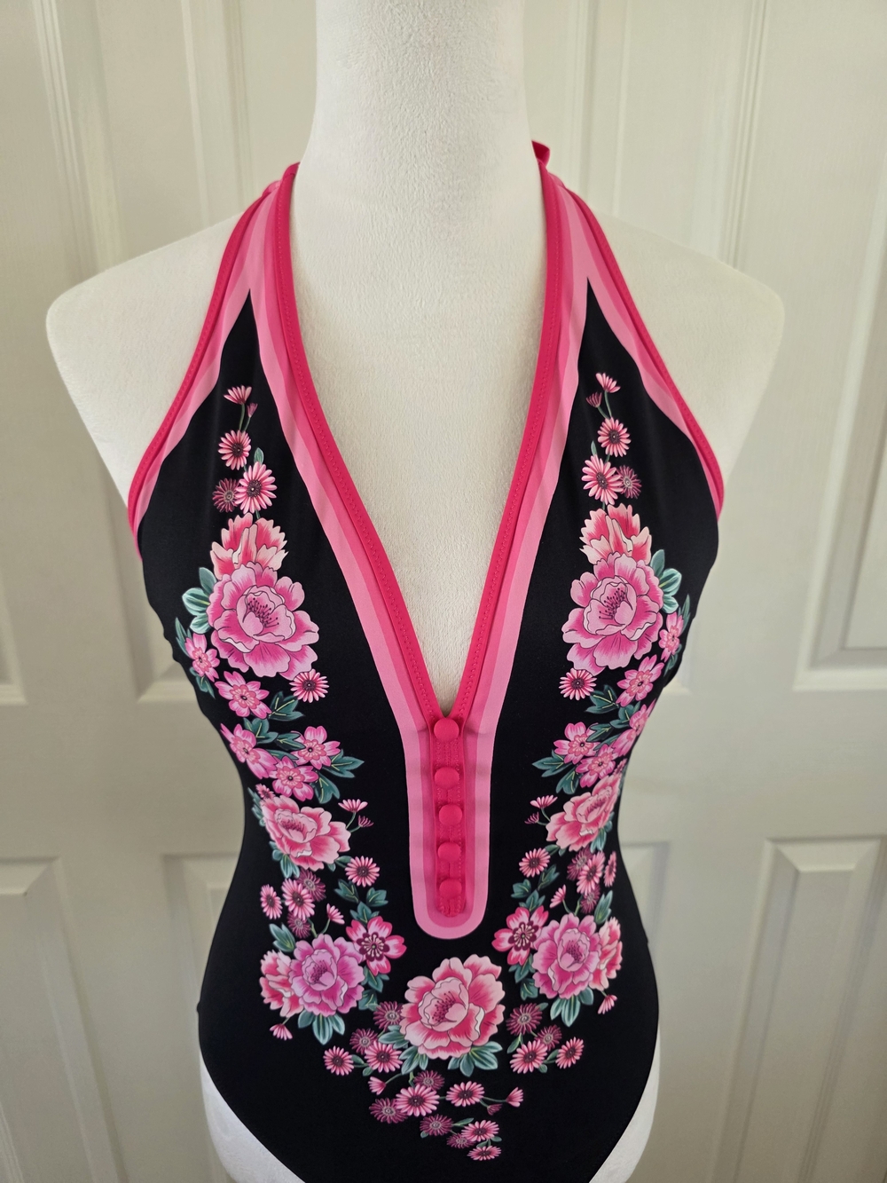 Johnny Was Blum Floral Halter One Piece Swimsuit Black Pink Floral Size M - Picture 3 of 14